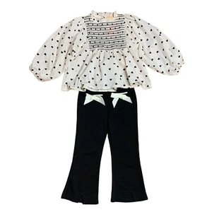 Heart Smocked Top Pant Outfit Cream Black Blouse Black Flare Pants Bows Girls XS - Picture 1 of 14