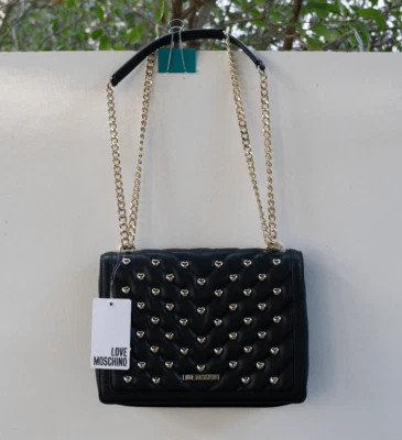 NWT Love Moschino Heart Studded Borsa Matt Nappa Pu Nero Black Leather CrossBody - Image 1 of 4