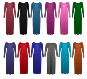 Women Plain Maxi Dress Ladies Scoop Neck Long Sleeve Fancy Party Dresses Casual - Picture 1 of 10