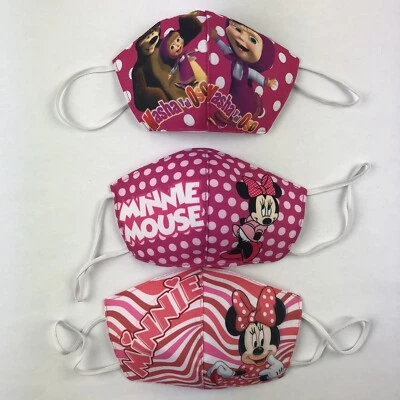 Lot of 3 Face-Mask Girls Kids Print Cloth Fabric Hand-Made In Mexico Cubre-bocas - Image 1 of 4