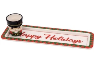 dei Ceramic Happy Holidays Serving Tray w/ Nutcracker Toothpick Holder - 12” NEW - Picture 1 of 5