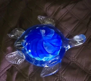 Large Murano Style Art Glass Blue Sea Turtle Sea Life Paperweight Hand Blown - Picture 1 of 11