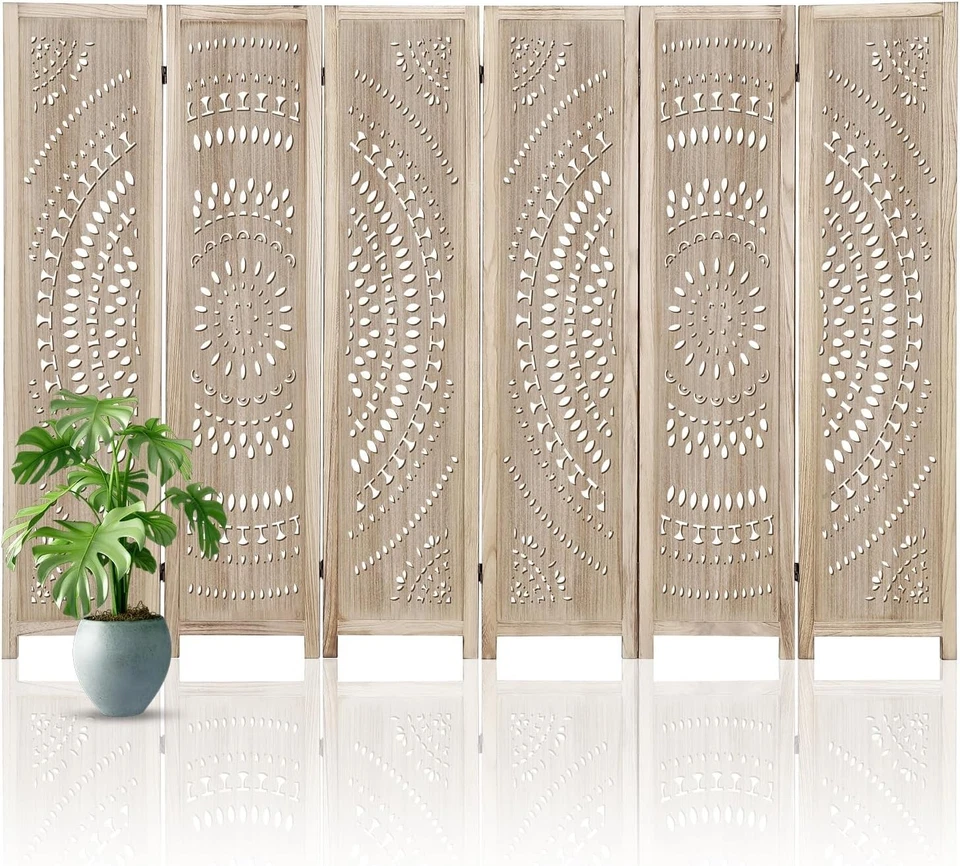6 Panel Room Divider Screen Privacy Handwork Solid Wood Folding - image 1 of 4