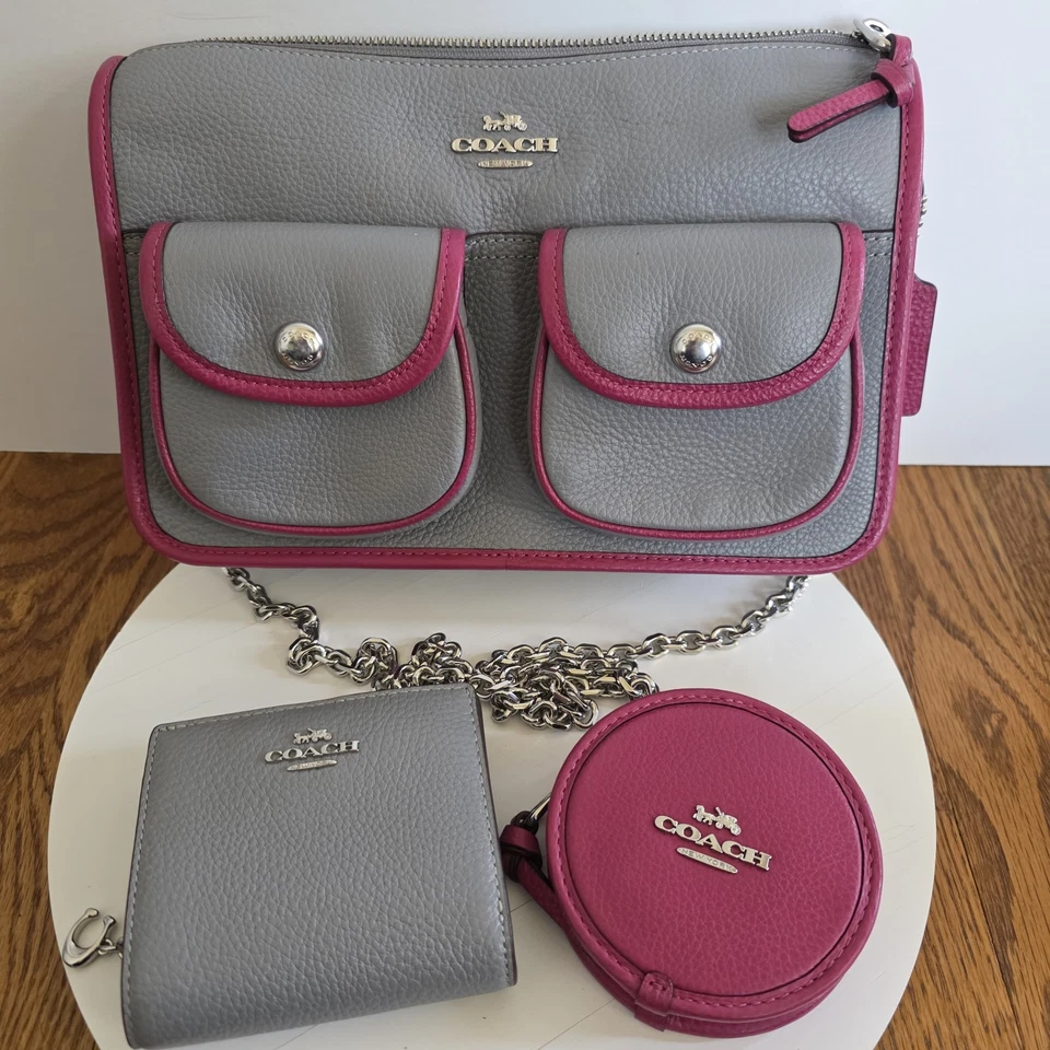 Bandolera Coach Pennie con Cartera/Estuche para Monedero Cuero Guijarro Gris/Rosa LEER Foto 1 de 4