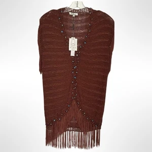 CARDUCCI Womens Boho Music Festival Fringe Beaded Brown Western Pullover Sz Sm - Picture 1 of 5