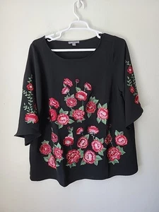 Jessica London Embroidered Rose Blouse 22w Black Pullover Artsy Boho Party Top - Picture 1 of 9
