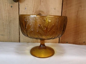 Vintage 1975 FTD Amber Glass Oak Leaf Pattern Pedestal Compote Candy Dish Bowl - Picture 1 of 4