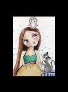 ACEO GIRL CATS OWL Whimsical Original Art by Pinkglitterfae OOAK - Picture 1 of 2