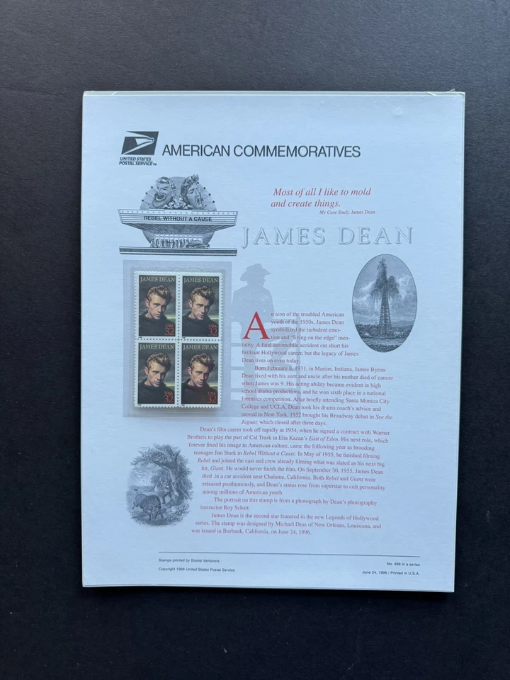 US 1996 Commemorative Panel (488) James Dean #3081 MNH +Hollywood Legend - Image 1 of 1