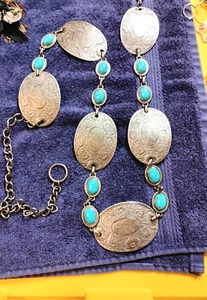 Women Western Fashion Belt Metal Turquoise Looking Charm Chic Look Adjustable - Picture 1 of 2