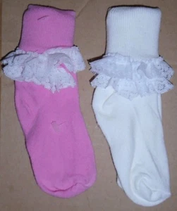 Vintage Girl 2 Pc White Pink Lace Trim Accents Anklet Dress Crew Socks Sz 4-5.5 - Picture 1 of 2