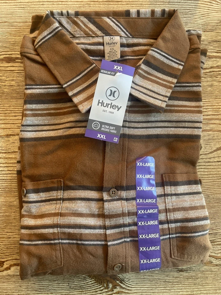 Hurley Men's Med Brushed Flannel Long Sleeve Bronzed Button up Striped Shirt
