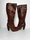 River Island Tan Leather Tall Block Heel Boots UK 6 Pull On Buckle Detail