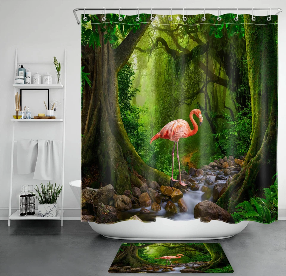 Green Tropical Rainforest Pink Flamingo Shower Curtain Set for Bathroom Decor - Image 1 of 4