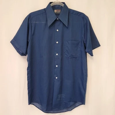 Camisa De Colección Años 70 Para Hombre Xanadu Azul Marino Cuello Daga Manga Corta Abotonada Talla M Foto 1 de 4