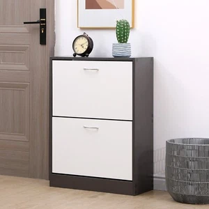 2 Drawer Shoe Cabinet Storage Cupboard Rack Wooden Footwear Stand Grey & White - Picture 1 of 9