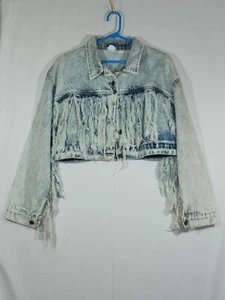 Vtg Fredericks of Hollywood Fringed Cropped Blue Acid Washed Denim Jacket Large - Picture 1 of 10