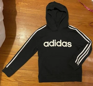 Adidas 3 Stripe Kids Black Pullover Hoodie Pouch pocket Size Youth M Unisex - Picture 1 of 3