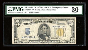 DBR 1934-A $5 Silver North Africa STAR Fr. 2307* PMG 30 Serial *10726728A - Picture 1 of 2