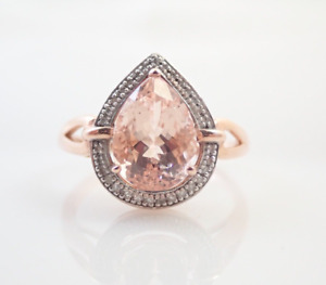 10k Solid Rose Gold Morganite Pear Shaped Diamond Cocktail Ring Sz 9