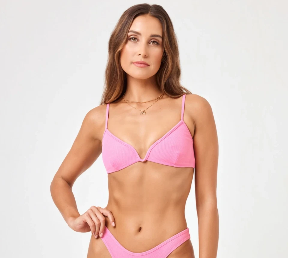 L*Space Helena Ribbed Bikini Swim Top Guava Pink Size M -
