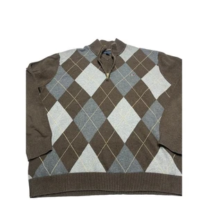 Tommy Hilfiger Herren XL Quarter Zip Sweater Braun Grau Argyle Baumwolle Pullover - Bild 1 von 8
