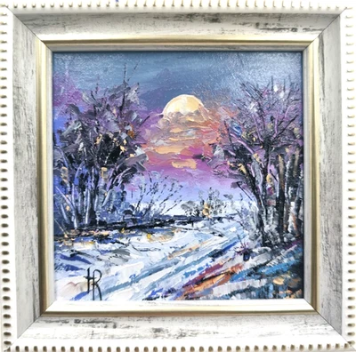 Pintura al óleo original paisaje de invierno pintura enmarcada pequeña 4x4 pulgadas mejor regalo Foto 1 de 4