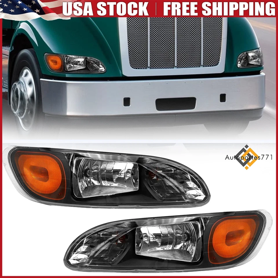 Headlights For 2008-2013 Peterbilt 325/384/386 Truck Black Left+Right Headlamps - Image 1 of 4