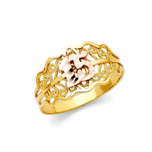 14k Real Two Tone Solid Gold 15 Años Quinceañera Ring Quince Oro Solido Anillo - Picture 1 of 1