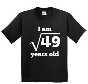 Funny 7th Birthday Kids Shirt - Square Root of 49 7 Years Old Youth T-Shirt - Picture 1 of 5