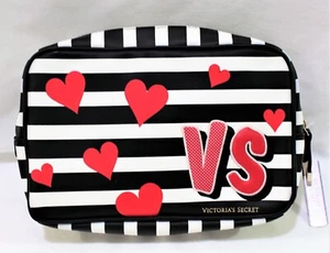 Victoria's Secret Black & White Stripes Make Up Bag Red Hearts Cosmetic Pouch - Picture 1 of 2
