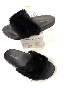 Steve Madden Softey Black / Fuzzy Black Sandal Slide Women's Size 10 - Picture 1 of 4