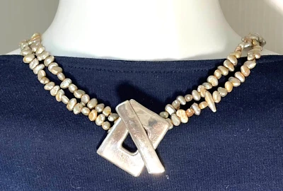 2 Strands Freshwater Taupe Pearl Necklace Large 925 Sterling Silver Toggle Clasp - Image 1 of 4