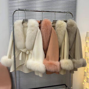 Fashion  Women's Short Wool Coat Belt Real Fox Fur Collar Fur Cuff Cute Overcoat
