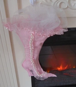 Handmade Christmas Stocking Victorian PINK Felt with Ruffles and Beads - Picture 1 of 4