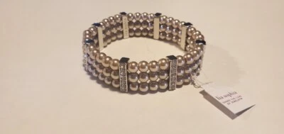 Lia Sophia Almond Stretch Bracelet Silver Tone W/Cut Crystals & Glass Pearls NWT - Изображение 1 из 4