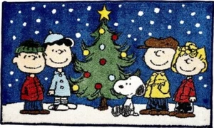 Accent Bath Rug(17x28")PEANUTS,SNOOPY DOG & FRIENDS BY CHRISTMAS TREE ON BLUE,NR - Picture 1 of 12