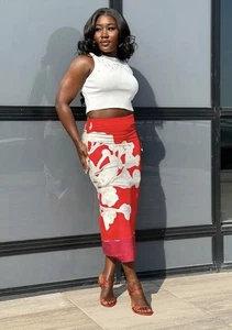 Zara ZW Collection Linen Blend Pencil Skirt Red White Large - Picture 1 of 11