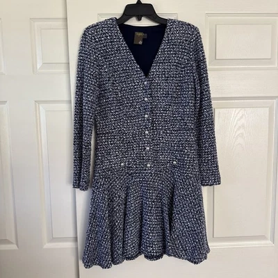 Vestido Taylor Mujer Azul Cuello en V Botón Delantero Boucle Tweed Talla 8 Foto 1 de 4