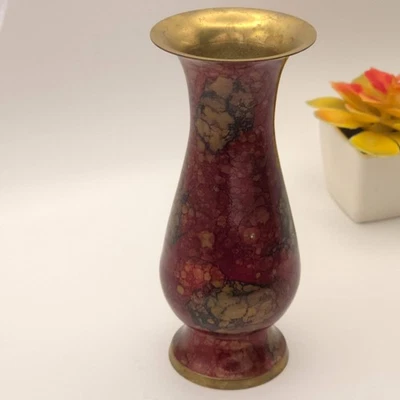 Jarrón vintage de latón esmalte jaspeado rojo abstracto gran regalo Foto 1 de 4