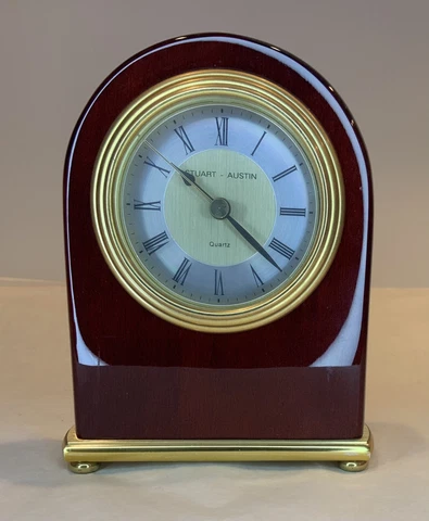 Rosewood Arch Gold Desk Clock by Stuart Austin Quartz Movement Clock w/ Battery Cover