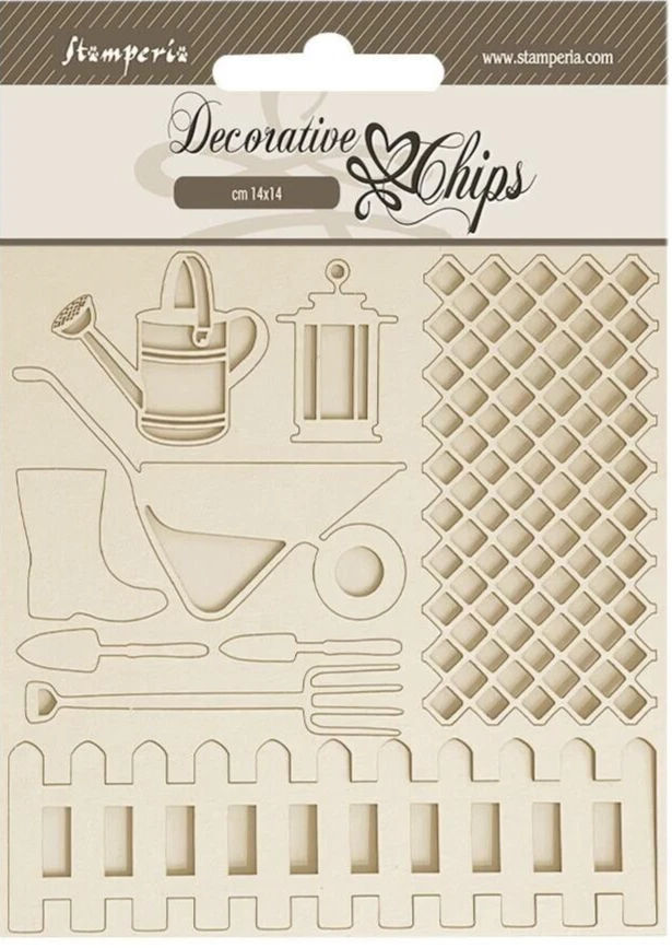 Stamperia CHIPS DECORATIVOS - ACENTOS 5.5" X 5.5" - JARDÍN - HERRAMIENTAS, Carretilla Foto 1 de 1
