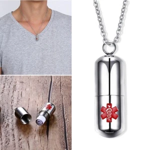 22" Stainless Steel Pill Shape Keepsake Holder Medical Alert ID Pendant Necklace - Picture 1 of 12