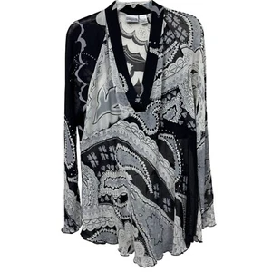 Chicos Black & Gray Geometric Paisley Print Long Sleeve Silk Blouse Tunic Top 2 - Picture 1 of 9