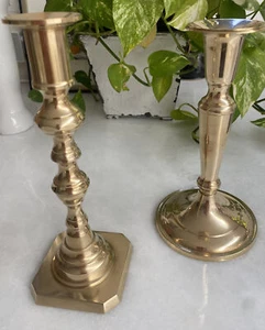 Andrea By Sadek Mis-Matched Pair Of Solid Brass Candlesticks Vintage Excellent - Picture 1 of 5