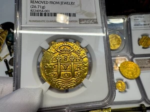 PERU 8 ESCUDOS 1705 NGC AU DETAILS PIRATE GOLD COINS DOUBLOON TREASURE - Picture 1 of 24