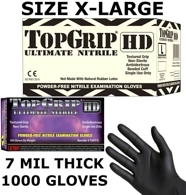 TOPGRIP HD Black Nitrile Exam Gloves, Powder Free, 7 MIL, FULL CASE, XL X-LARGE