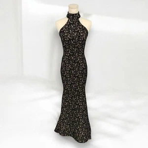Marciano Black Nude Lace Halter Bodycon Mermaid Maxi Dress Gown, Neoprene, Size - Picture 1 of 9
