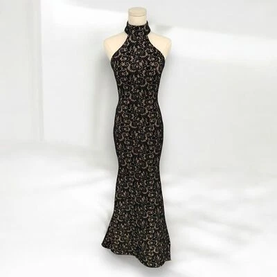 Marciano Black Nude Lace Halter Bodycon Mermaid Maxi Dress Gown, Neoprene, Size - Image 1 of 4