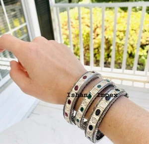 Natural Diamond & Polki Ruby Emerald Sapphire 925 Sterling Silver Bangle 3 Piece - Picture 1 of 4